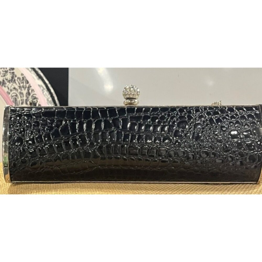 Vintage MadiBlack Crocodile Embossed Evening Clutch Rhinestone Clasp